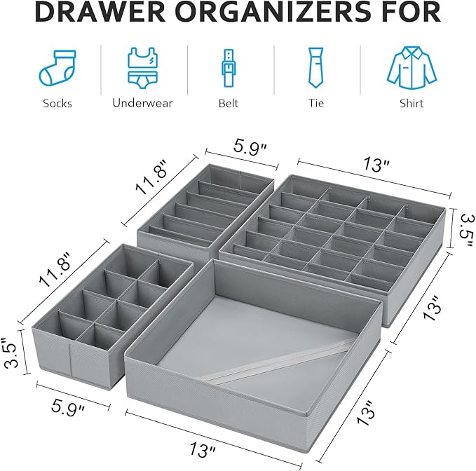 Drawer Organizer Clothes - Foldable Underwear Organizer and Sock Organizer, Bra organizer Fabric Dresser Drawer Organizer Divider for Socks, Bra, Underwear, Tie, 4 Pack, Grey