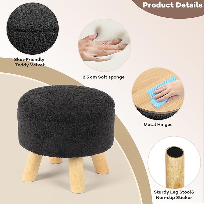 Ottoman Foot Rest, Small Round Ottoman with Storage, Boucle Teddy Velvet Footstool with Wood Legs, Soft Sponge Storage Ottoman for Living Room, Bedroom, Couch, Enterway (Black)