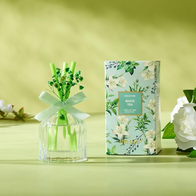 Airkeep Reed Diffuser Set with 3 Sticks,3.04oz White Tea Baby's Breath Flower Flame Free Fragrance Diffuser for Home Décor Floral Diffuser Room Fresheners for Home Long Lasting