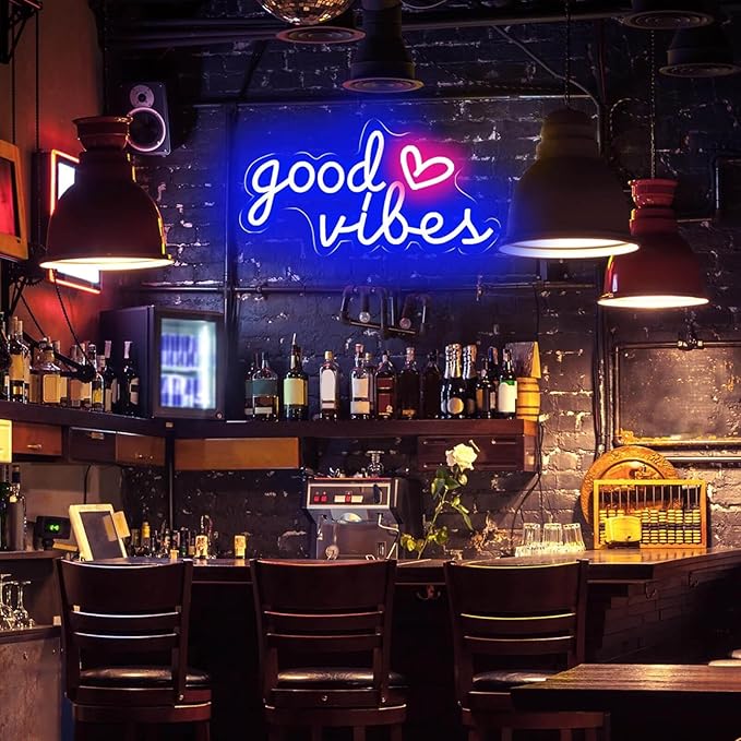 Blue Good Vibes Neon Signs for Wall Decor, Room Decor Aesthetic Good Vibes Neon Light Blue, USB Good Vibes LED Sign for Bedroom, Pink Heart & Good Vibes Light up Sign for Teen Boys Men Cave