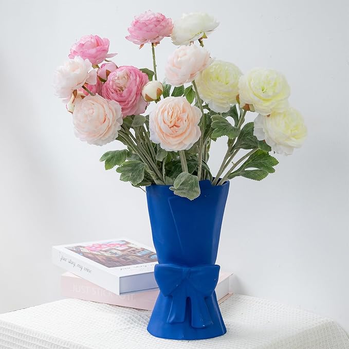 Blue Ceramic Bow Vase 9.64 in Unique Cute Modern Decorative Bouquet Flower Vases for Home Living Room Table Decor Women Girl Gifts