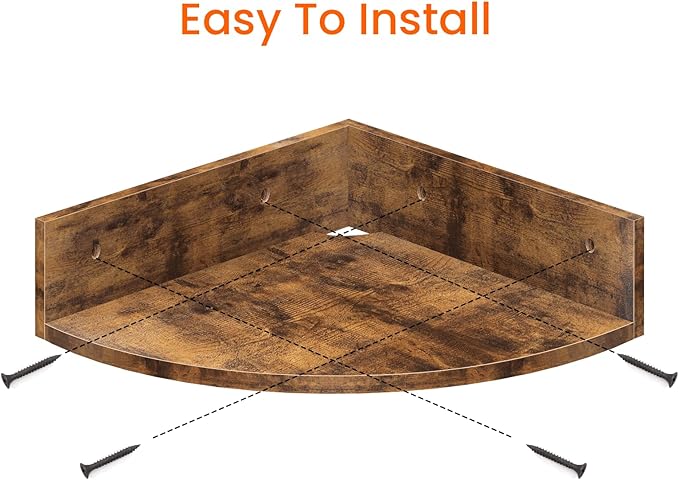 Homode Corner Shelf Wall Mount, Set of 3 Floating Corner Shelves with Cord Hole, 3 Tier Wood Wall Display Shelf, Storage for Bathroom Living Room Kitchen Bedroom, Rustic Brown and Black