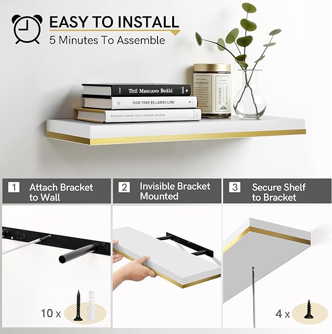 Gronda Floating Shelves for Wall, 23.6 Inch White Floating Shelves Modern Home Decor Hanging Storage Organizer with Invisible Bracket Wall Mount for Bedroom Living Room Bathroom Kitchen, Set of 2