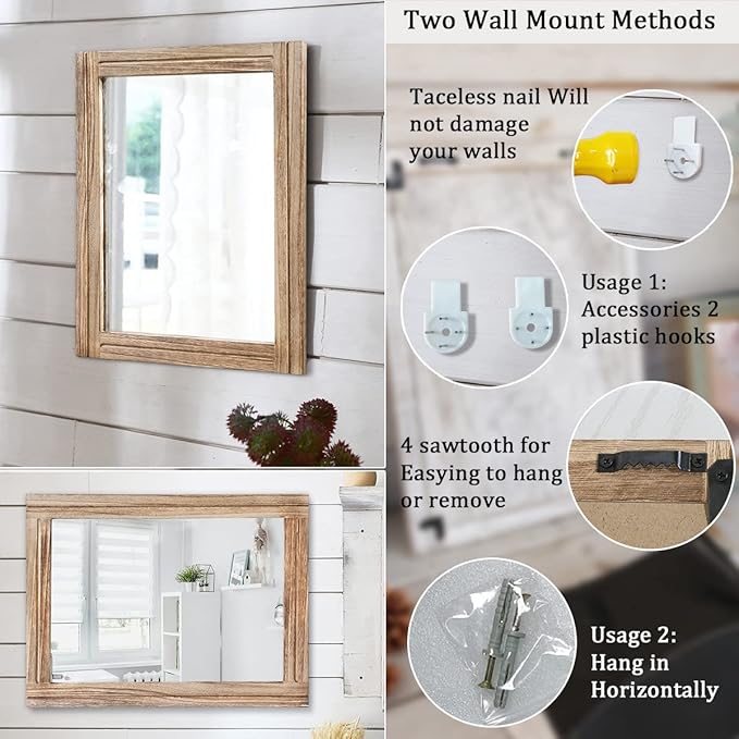 AAZZKANG Rustic Mirror for Wall with Rectangle Wood Framed Decorative Hanging Mirrorrs Large 20"x16"for Bedroom Bathroom Living Room Dressing Room