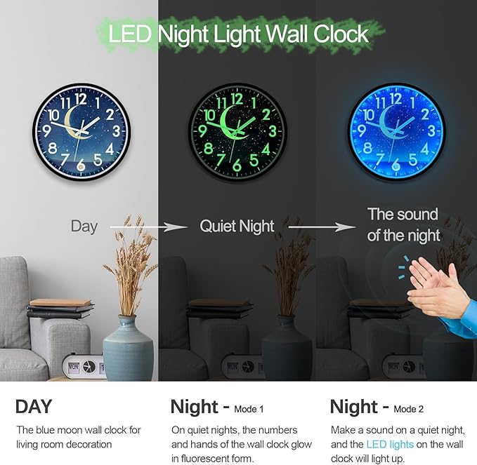 JoFomp Glow in The Dark Wall Clocks Battery Operated, 12 Inch Blue Moon Silent Wall Clock Non Ticking, LED Sound Control Light Up Wall Clock for Bedroom, Night Light Wall Clocks for Living Room Decor