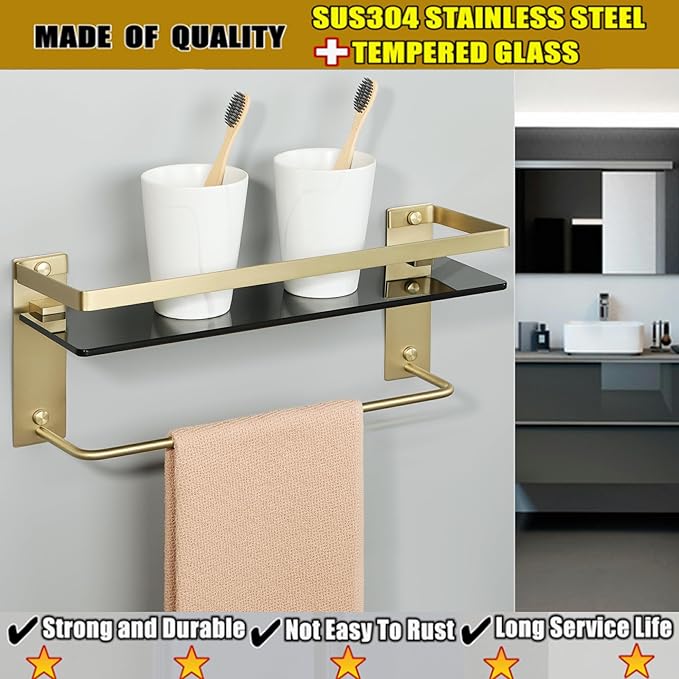 Alise Bathroom Shelves Glass Shelf with Bar,Wall Mount Floating Shelves for Bathroom,1 Tier Tempered Glass Holder Storage Organizer,SUS304 Stainless Steel Gold and Black GDL2001-GB