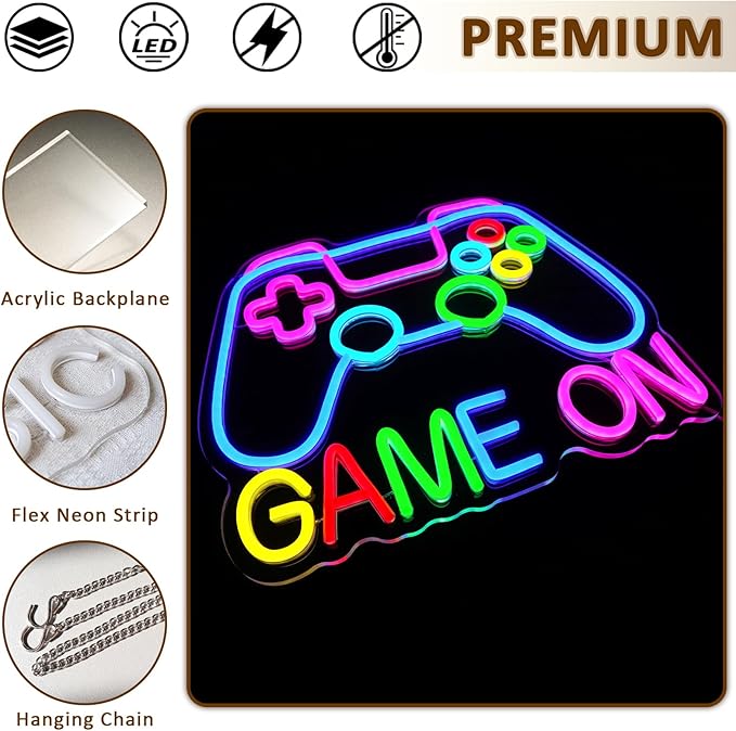Game On Neon Sign for Wall Decor, Gaming Led Signs for Room, USB Dimmable Neon Lights for Bedroom Video Games Party Gaming Zone Pub Birthday Boys Teen Room Man Cave Home Decoration