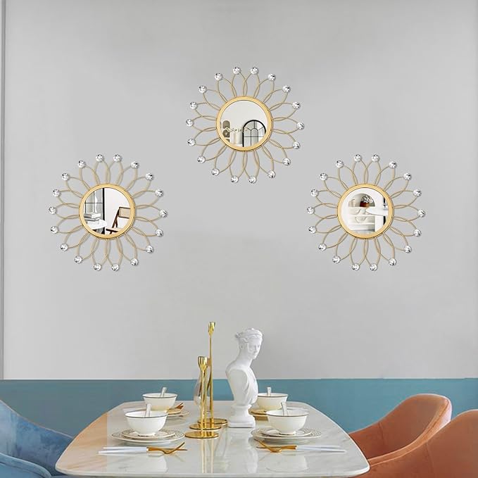 3 Pack Metal Mirrors for Wall Sunburst Wall Mirrors Home Décor Decorative Hanging Wall Art for Living Room Bedroom Entryway (Gold Crystal, Flowers)