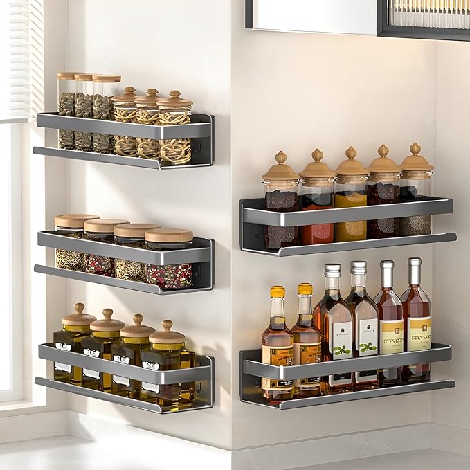 Nail-Free or Drilling Stainless Steel Detachable Floating Wall Mounted Shelves for Kitchen, Bathroom, Baking Paint Process, Corrosion and Rust Resistant, Set of 1 Gray