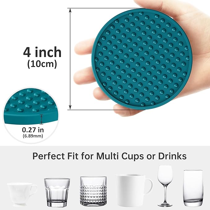 HFHOME Silicone Coasters Set with Holder, 6 Pack for Coffee Table, Bar Coasters for Home Decor Tabletop Protection - Blue