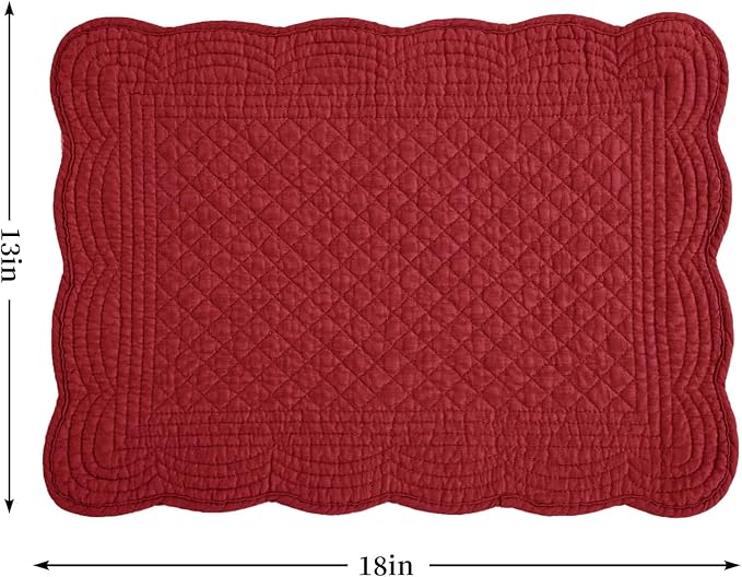 HOMBYS Quilted Placemats Set of 6 Washable-13x18 inches Rectangular Placemats for Kitchen Table-100% Cotton fabric cover and 100% polyester fiber filling Rectangular Table Mats-Cotton (18"x13", Red)