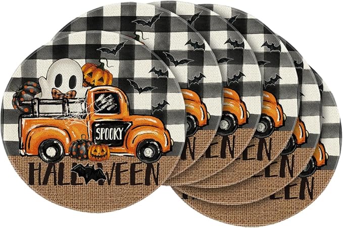 Artoid Mode Ghost Truck Halloween Round Placemats Set of 6, 14 Inch Holiday Bat Round Table Mats for Party Kitchen Dining Decoration