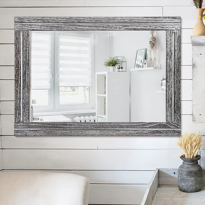 AAZZKANG Rustic Mirror Large 26"x18" Wood Framed Wall Mirrors Rectangle for Bedroom Bathroom Farmhouse Living Room Home Entryway Hanging