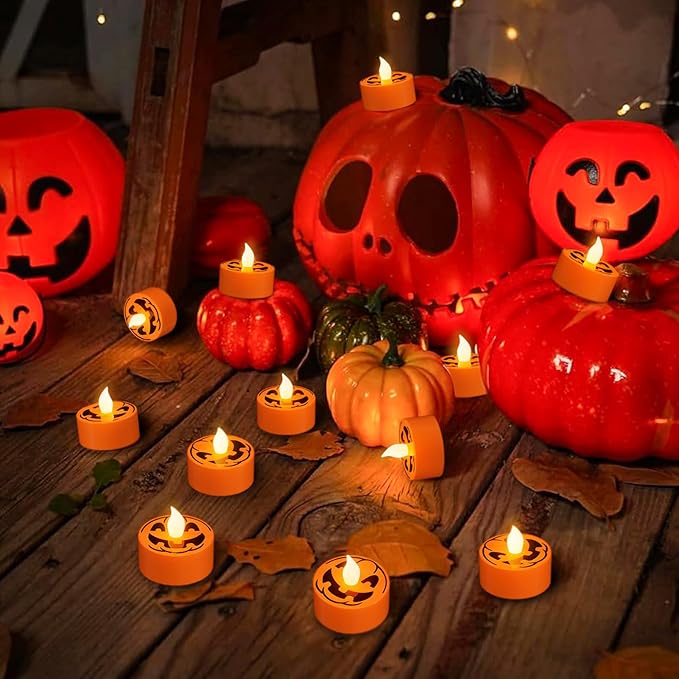 DRomance Halloween Flameless Votive Candles Battery Operated with 6H Timer, 12 Pack Spooky Face Decal LED Flickering Pumpkin Tea Lights Candles Fall Indoor Decoration(1.5" D x 1.4" H)