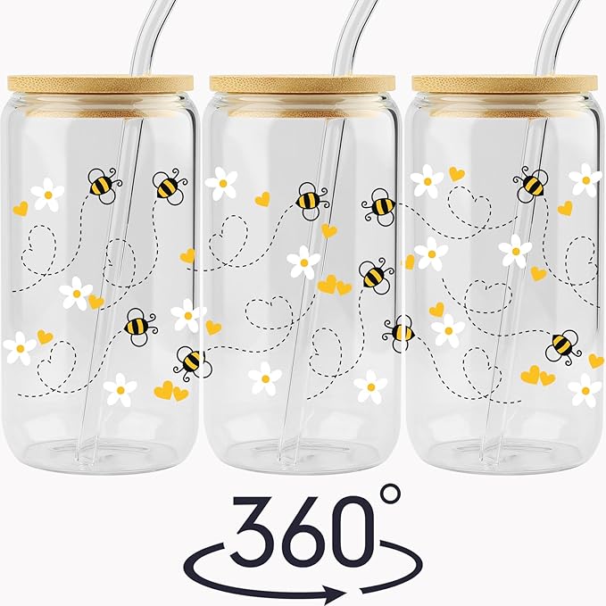 Gift For Girls, Her - Birthday Gifts for Women Friendship - Unique Gifts For Women, Friends, Bestie, Bff, Soul Sister, Work Bestie - Honey Bee Daisy 16 OZ Iced Glass Can Tumbler with Lid and Straw