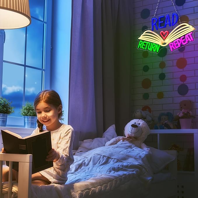 Retisee 15.8 x 10 Inches Neon Sign Read Return Repeat Book Library Decor Gifts LED Sign for Library Wall Book Themed Room Book Lover Room Reading Room Decor(Read)