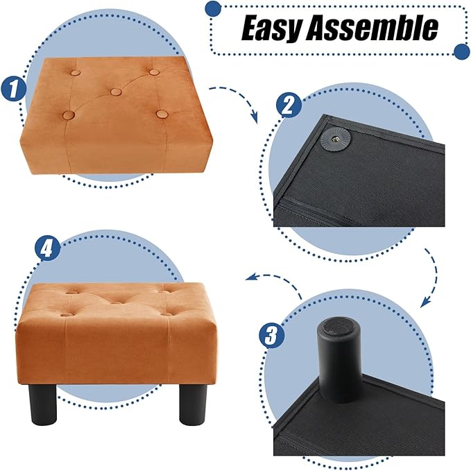 BRIAN & DANY Small Foot Stool, Velvet Foot Stools with Legs, Stable Small Footstool for Living Room, Orange