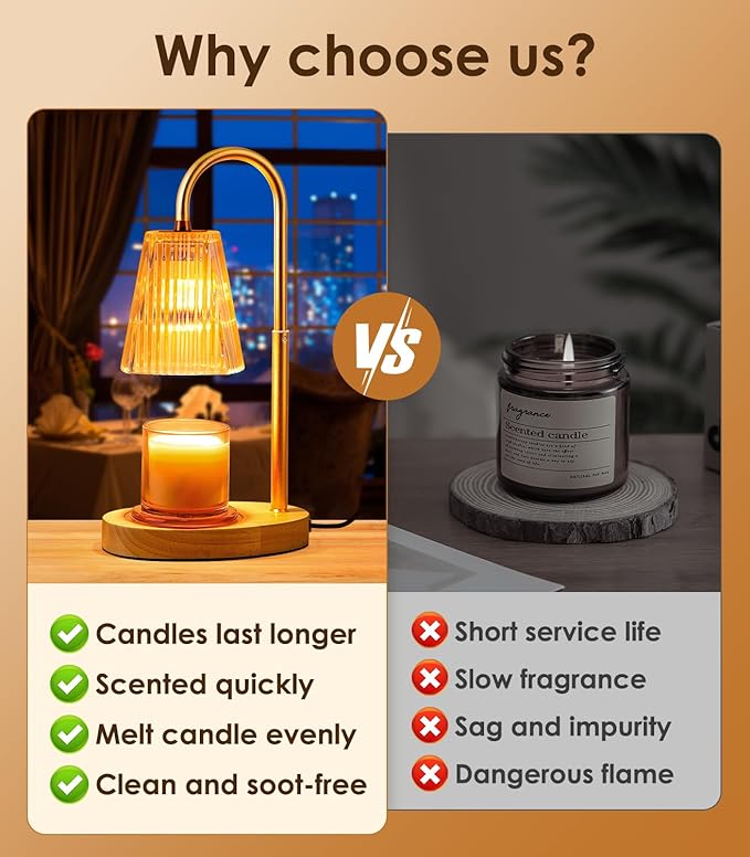 Candle Warmer Lamp - Dimmable Wax Melt Warmer with Amber Lampshade and 2 Bulbs for House Warming, Bedroom Decor