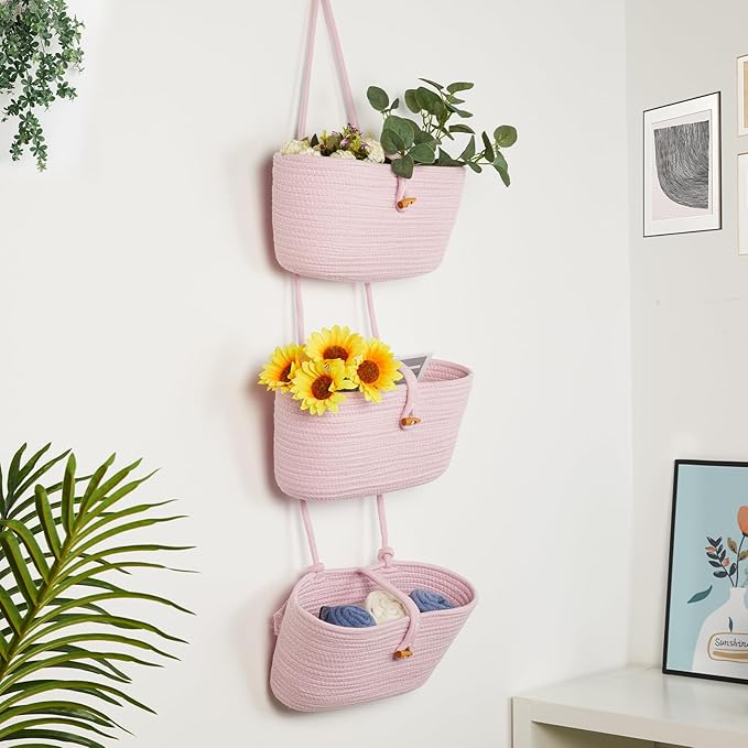 DULLEMELO Hanging Wall Basket for Wall Decor | Pink Woven Storage Basket with Button Strap | 3-Tier Hanging Baskets for Organizing | Hanging Kitchen Baskets