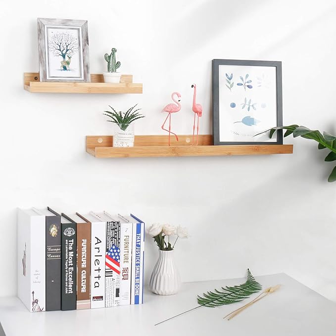 Natural Bamboo Floating Shelves Wall Mounted Rustic Wood Wall Shelves Wooden Wall Storage Organizer Home Decor Living Room Kitchen Bedroom (Natural,13.8 in)