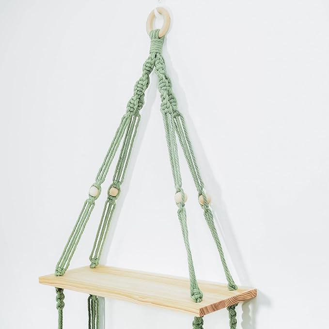 Macrame Wall Hanging 2-Tier Shelf, Boho Floating Wooden Shelves with Green Woven Rope and Leaf Decor,Plant Display for Bedroom, Dorm, Nursery, Living Room, and Bathroom Wall Decor