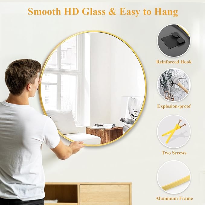 Fabuday Round Gold Mirror 28 Inch - Large Circle Mirror for Bathroom, Bedroom, Living Room, Hallway Decor, Hanging Big Golden Framed Circular Mirror