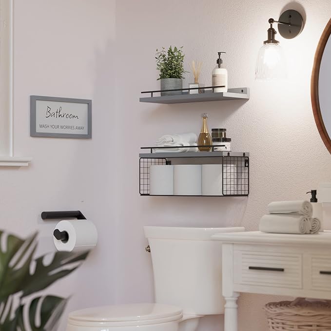 WOPITUES Floating Shelves for Bathroom Wall Decor Sign, Bathroom Organizers and Storage, Bathroom Shelves Over Toilet with Metal Guardrail-Modern Grey