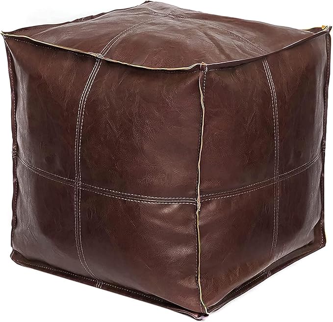 Unstuffed Pouf Ottoman Cover, Handmade Faux PU Leather Moroccan Pouffe Ottomans, Coffee 17.7" Cube Ottoman Foot Rest for Living Room, Floor Chair for Christmas Decorations Gift, ONLY COVER