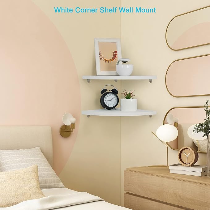 10 inch Corner Wall Shelf Set of 2, Solid Wood Corner Floating Shelves for Wall, Round End Wall Mounted Floating Shelf for Bedroom, Living Room and Kitchen (White-10 inch)