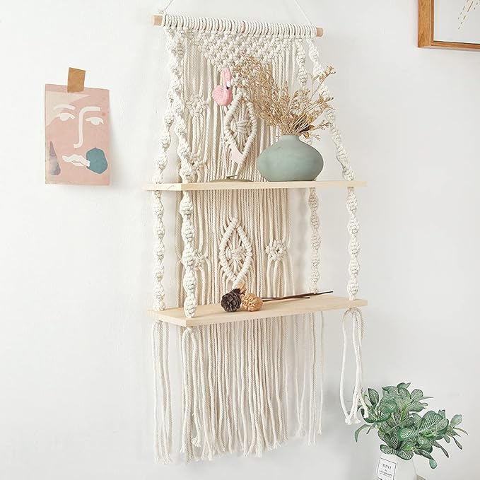 Macrame Wall Hanging Shelf Tassel Woven Macramé Shelves,Boho Wall Hanging Shelves for Small Plants Photo Frames,Home Living Room Bedroom Balcony Decor (2T)