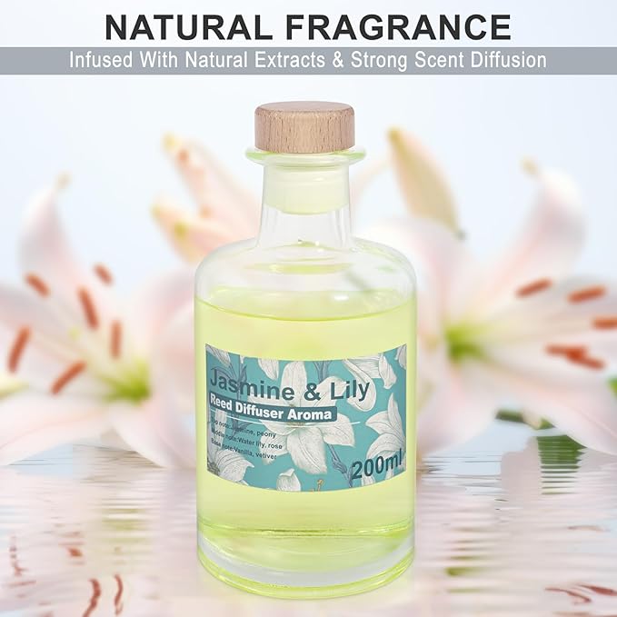 Reed Diffuser Set - 200ml Jamine & Lily Essential Oil Set Includes Rattan Sticks, 6.8fl oz Flower Aroma, Large Glass Bottle, Bathroom Air Freshener, Home Fragrance for Shelf Room Decor