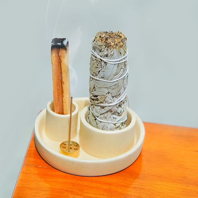 4 in 1 Incense Holder, Ceramic Incense Stick and Palo Santo Holder,Sage Holder for Burning- 4.25" Ceramic Ash Catcher Tray for Meditation and Yoga Room (Sand) 1