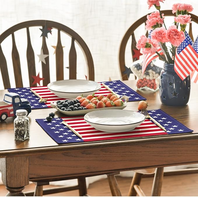 Artoid Mode Watercolor Stripes and Stars 4th of July Placemats Set of 4, 12 x 18 Inch Patriotic Memorial Day Seasonal Holiday Table Mats for Dining Table Decoration