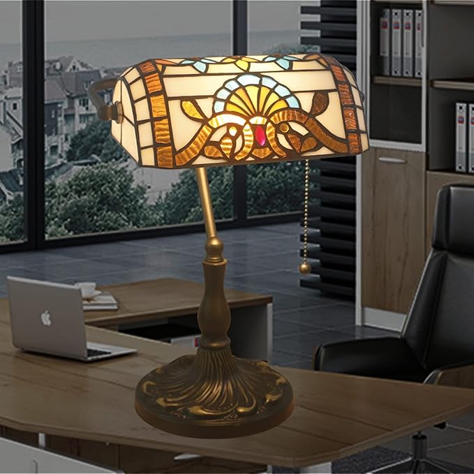 Tiffany Style Bankers Table Lamp Stained Glass Piano Desk Lamp Vintage Bedroom Bedside Lamp for Study,Antique Alloy Base,Zipper Switch,Green Baroque a