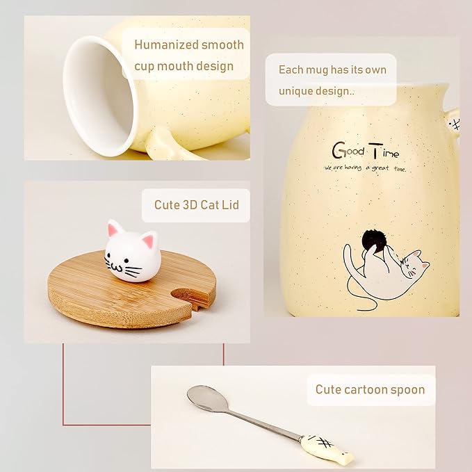 SHENDONG 2 Pack Cat Mugs Cute Ceramic Coffee Cups Set of 2 with Kawaii Bamboo Lid and Spoon Novelty Morning Cup Coffee Milk Tea Mugs - 3d Animal Cat Mugs for Cat Lovers Women Gifts(Blue and Yellow)