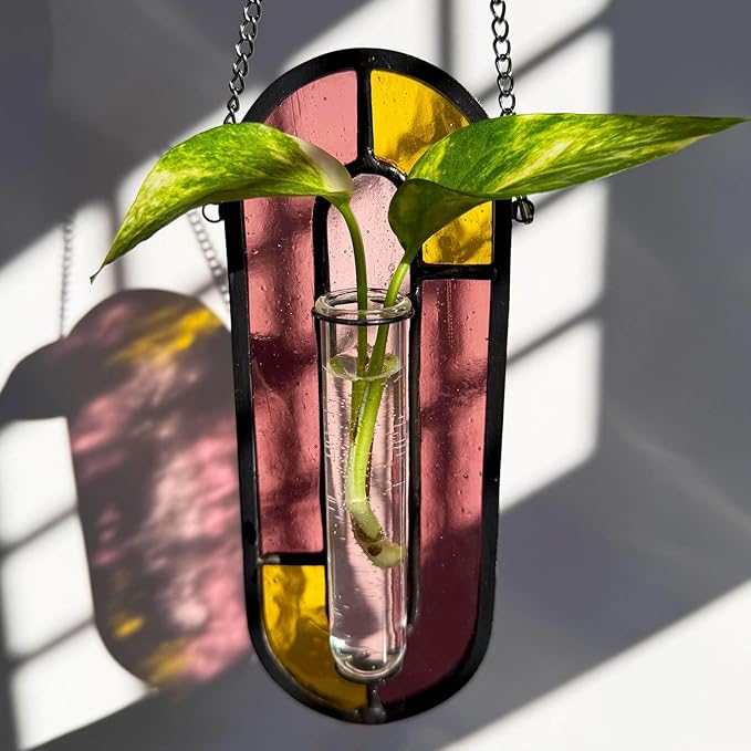 LITMIND Multi-Color Stained Glass Propagation Station - Handcrafted Translucent Suncatcher Planter with 2 Tubes, Hanging Hydroponic Décor for Windows & Garden