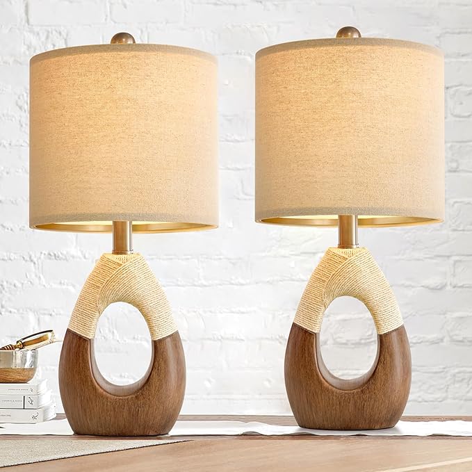 OYEARS Boho Table Lamps Bedroom Living Room Set 2,Suitable for Small Space,Farmhouse RattanTable Lamp 19”Rustic Egg Design Resin Light Decoration,Nightstand Bedside Lamps for Office Study Rest