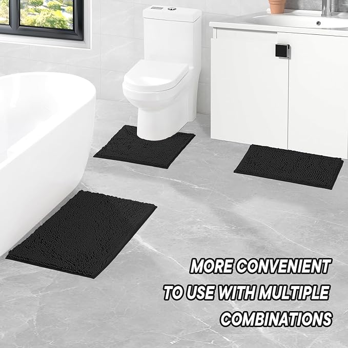 Bathroom Rugs 2 Pieces Chenille Bath Rug Mat, Extra Thick and Soft Absorbent Bath Rugs, Machine Washable, Non-Slip Plush Bath Mats for Tub, Shower, and Bath Room (Black, 32"x20"+24"x16")