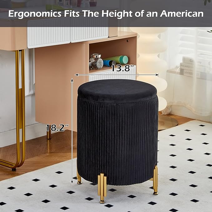 Mxfurhawa Round Ottoman Foot Stool with Storage and Metal Legs for Living Room Bedroom, Velvet Upholstered Footrest Stool Support 300lbs Modern Padded Seat Ottoman Coffee Table (Black)
