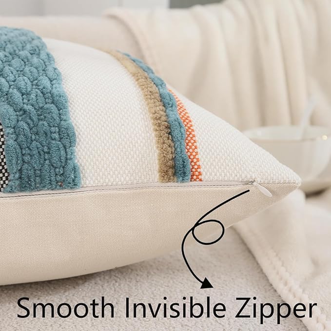 Tosleo Decorative Throw Pillow Covers 18x18 Set of 2 Boho Chenille Tufted Pillow Cover Textured Pillow Covers Striped Pillow Cases Accent Pillow Cases Farmhouse Cushion Case for Sofa Couch Bed,Blue