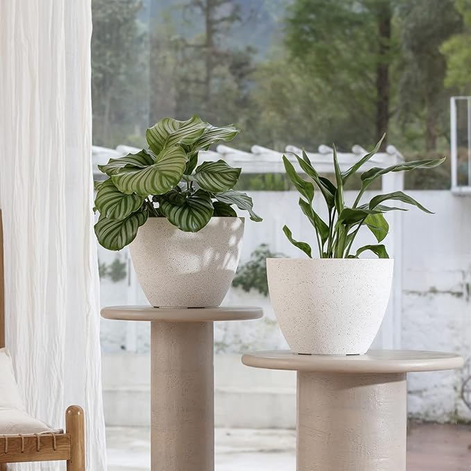 LA JOLIE MUSE Flower Pots Outdoor Indoor Planter - 11.3 inch Garden Plant Pots Tree Planter for Patio, Deck,Garden,Speckled White,Set of 2