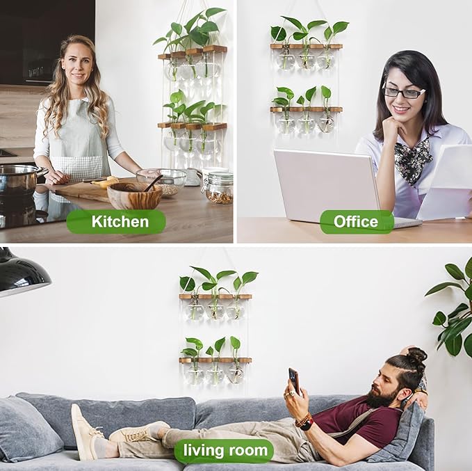 Plant Propagation Station Wall Hanging, Plant Terrarium with 2 Tiered Wooden Stand for Hydroponics Plants, Unique Gardening Gifts for Women Mom Plant Lovers - 6 Bulb Glass Vases