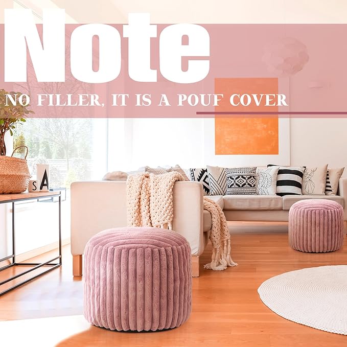 2 Pcs 20 x 15 Inch Unstuffed Pouf Cover Ottoman Foot Rest - No Filler, Faux Rabbit Fur Foot Stool Floor Bean Bag Floor Chair Storage for Living Room Bedroom Home Decor(Pink)