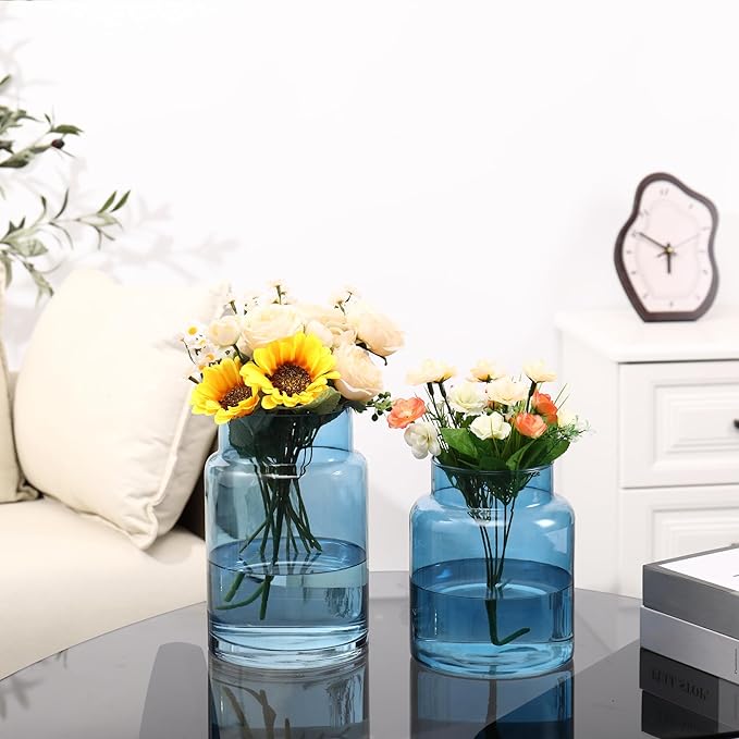 Large Glass Vase, Blue Glass Vase Set of 2, Large Flower Vases for Bouquet, Tall Wide Mouth Vases for Flowers, Home, Wedding, Living Room, Office Decor, 7"+9"