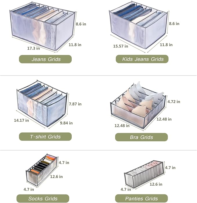 TOOVREN Drawer Organizers for Clothing 6PCS, Wardrobe Clothes Organizer, Dresser Drawer Organizer Clothes Jeans Storage Socks Underwear Organizer (Shirt+Jeans+T-Shirt+Bra+Underwear+Socks Grids, Gray)