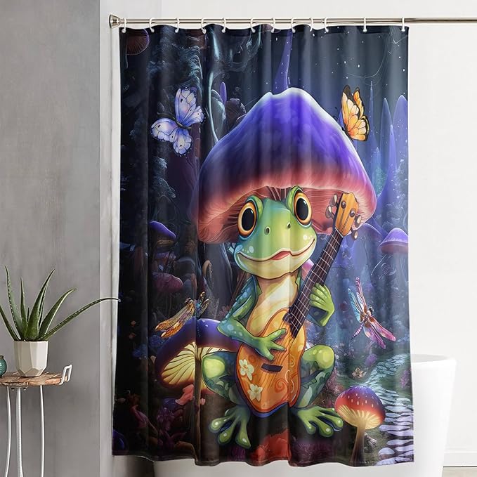 AILONEN Frog Mushroom Shower Curtain,Guitar Frog Amphibious Animal Waterproof Fabric Bath Curtain for Kids Girls,Boho Magic Mushroom Shower Curtain Set for Bathroom with Hooks,36" W*72" H