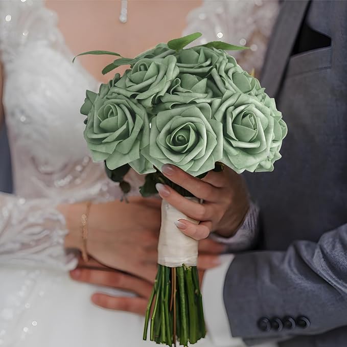 Artificial Flowers 50Pcs Elf Gree Roses Real Looking Foam Fake Roses with Leaves for DIY Wedding Bouquets Bridal Shower Centerpieces Party Decorations (Elf Green, 50)
