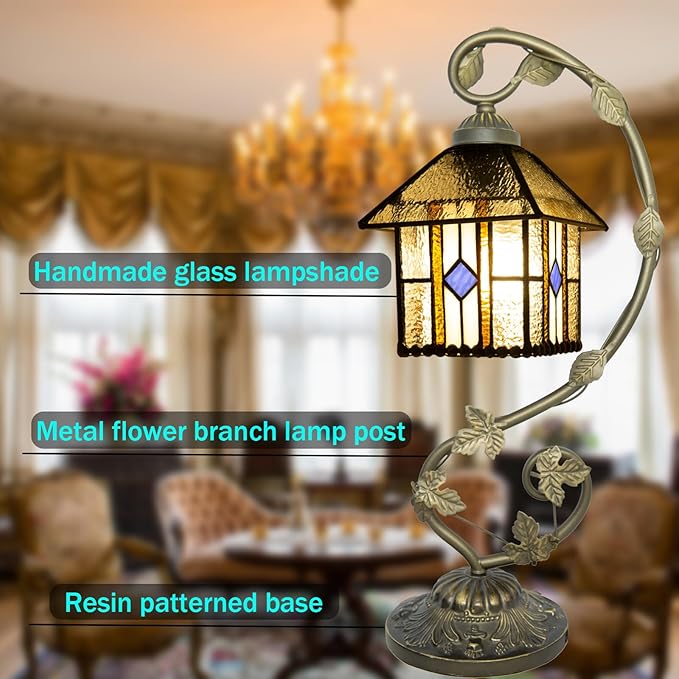 Tiffany Lamp,21x11x8 inches Stained Glass Lamp,Geometry House Tiffany Style Table Lamp with Three-Color Dimming for Bedside Table,Dining Table,Antique Office