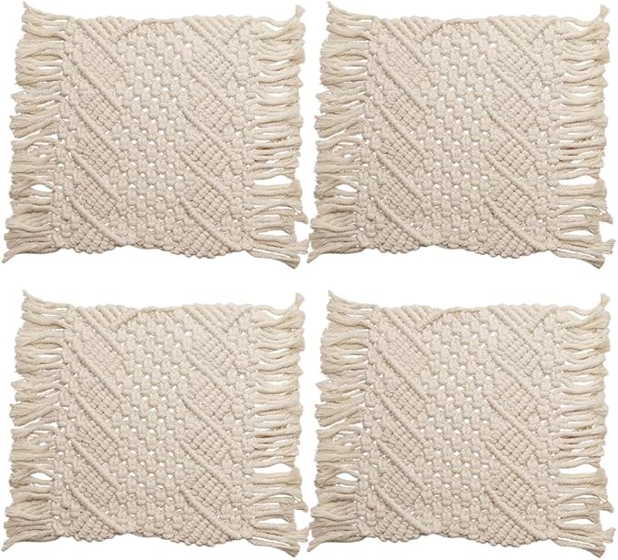 Handmade Cotton Woven Crochet Placemat with Tassels, 10 x12 Inches Small Place Mat for Bohemian Wedding Décor, Boho Table Mat for Farmhouse, Rustic Décor for Dining Table, Beige