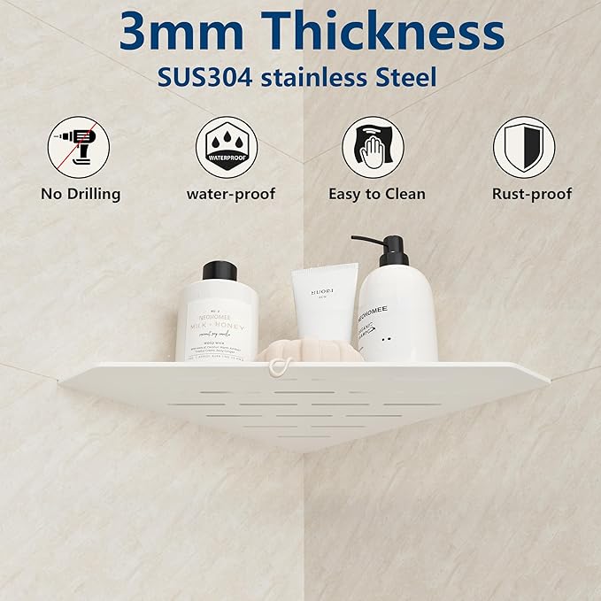 10 in White Corner Shelf, Floating Corner Shelf for Tile Wall, Tile Shower Shelf, 304 Stainless Steel Wall Storage Shelves for Bathroom, No Drilling
